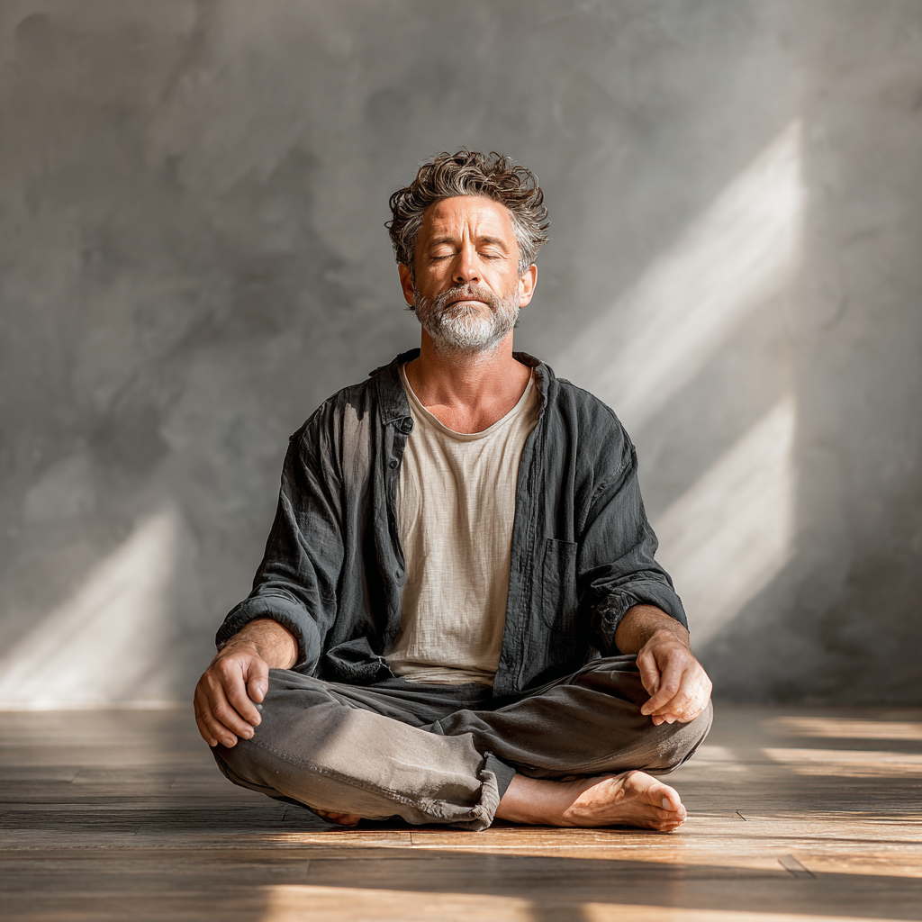 Mature man around fifty years old in comfortable meditation pose during yoga practice, sitting cross-legged on wooden floor in bright studio space, wearing neutral colored clothing, displaying calm focused expression