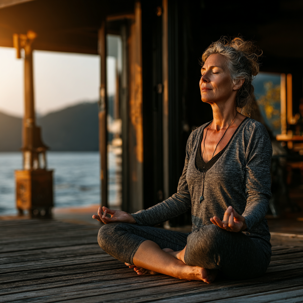 Peaceful woman in her late forties practicing yoga in lotus position on a serene wooden deck, wearing comfortable gray activewear, with soft natural lighting creating a calm and meditative atmosphere